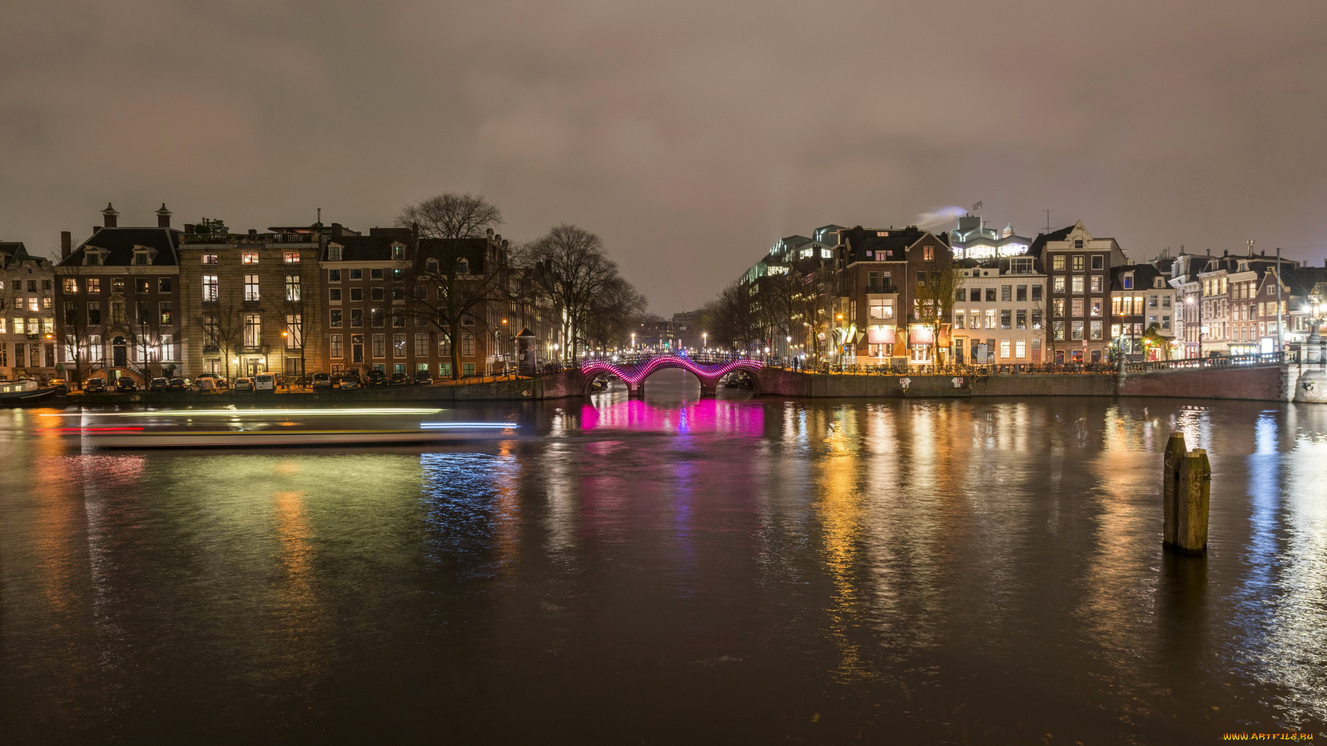 города, амстердам, , нидерланды, река, дома, амстердам, ночь