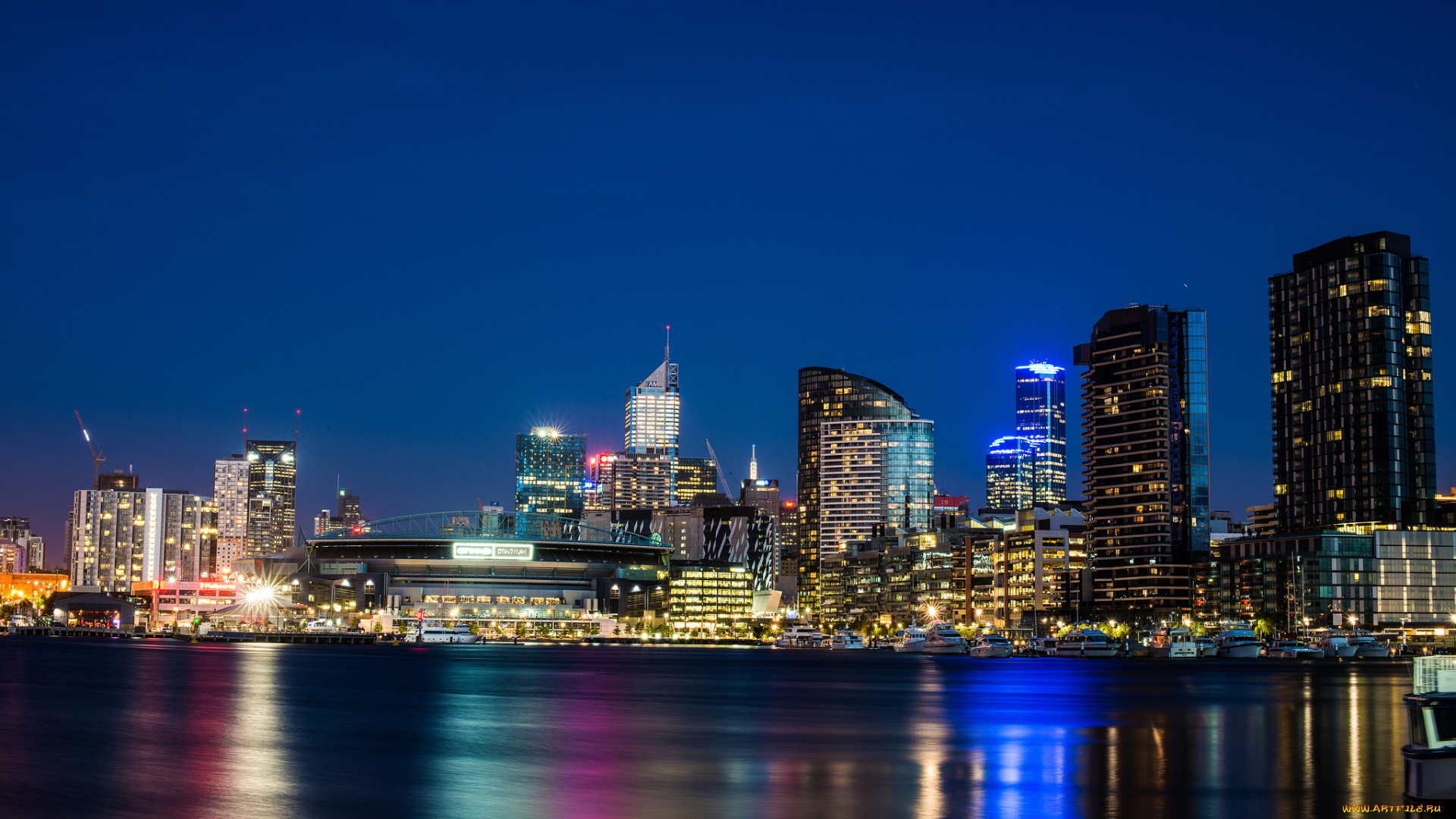 города, мельбурн, , австралия, melbourne, victoria, australia, etihad, stadium, docklands, yarra, river, штат, виктория, Ярра, река, город, ночь, дома, стадион, небоскребы, здания