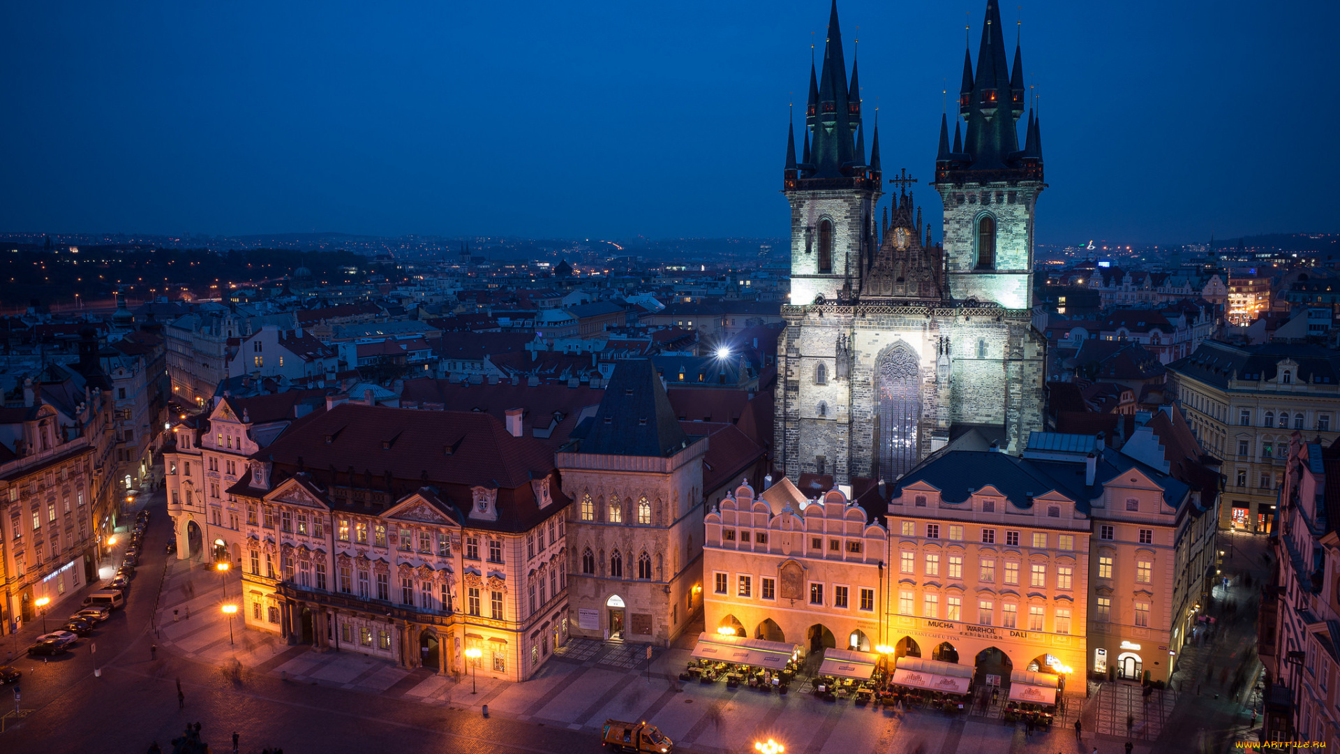 города, прага, , Чехия, синее, ночь, небо, тынский, храм, освещение, архитектура, здания