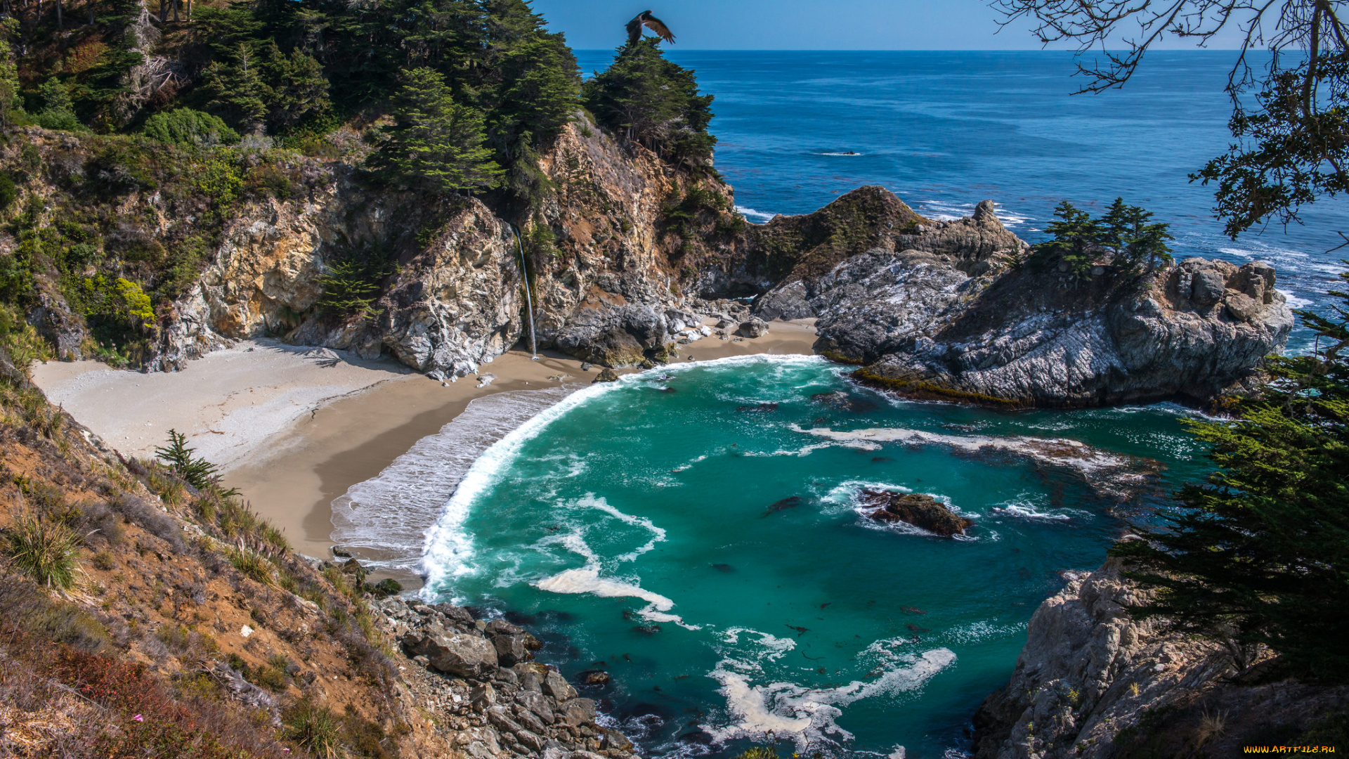 природа, побережье, океан, пляж, скалы, бухта