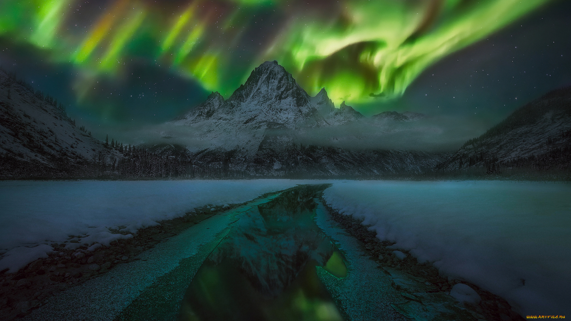 природа, северное, сияние, горы, небо, звезды, снег, лёд, вода, отражение, лес, облака, ночь, зима