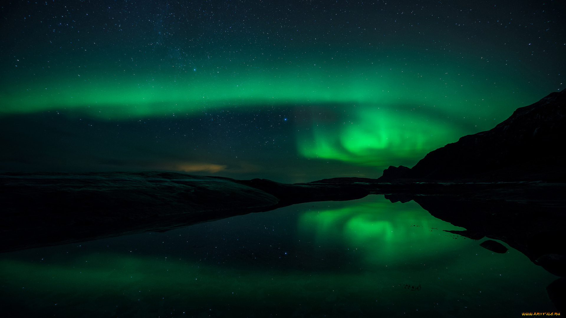 природа, северное, сияние, вода, горы, звезды, ночь, отражения, небо