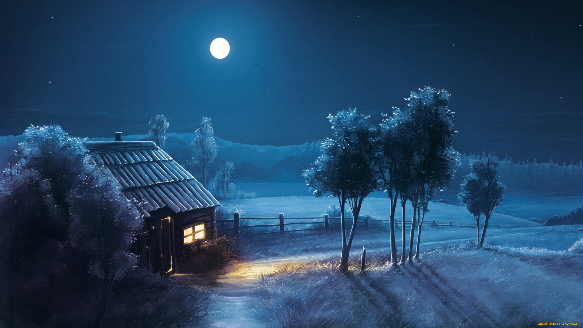 рисованное, живопись, trees, light, blue, forest, window, door, house, night, stars, moon, road, fence, path, scenery