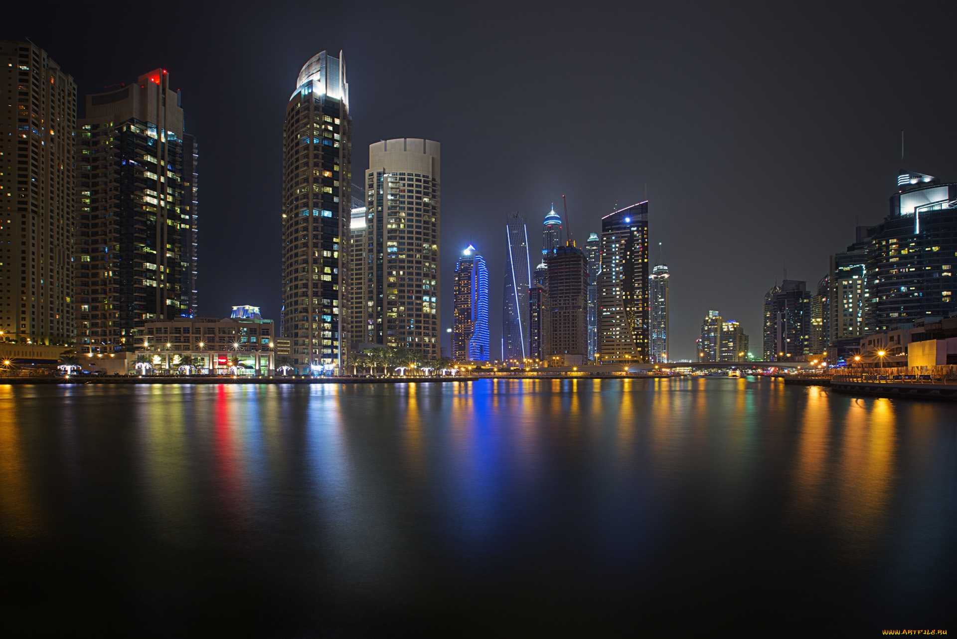 dubai, marina, города, дубай, , оаэ, небоскребы, акватория, ночь, огни