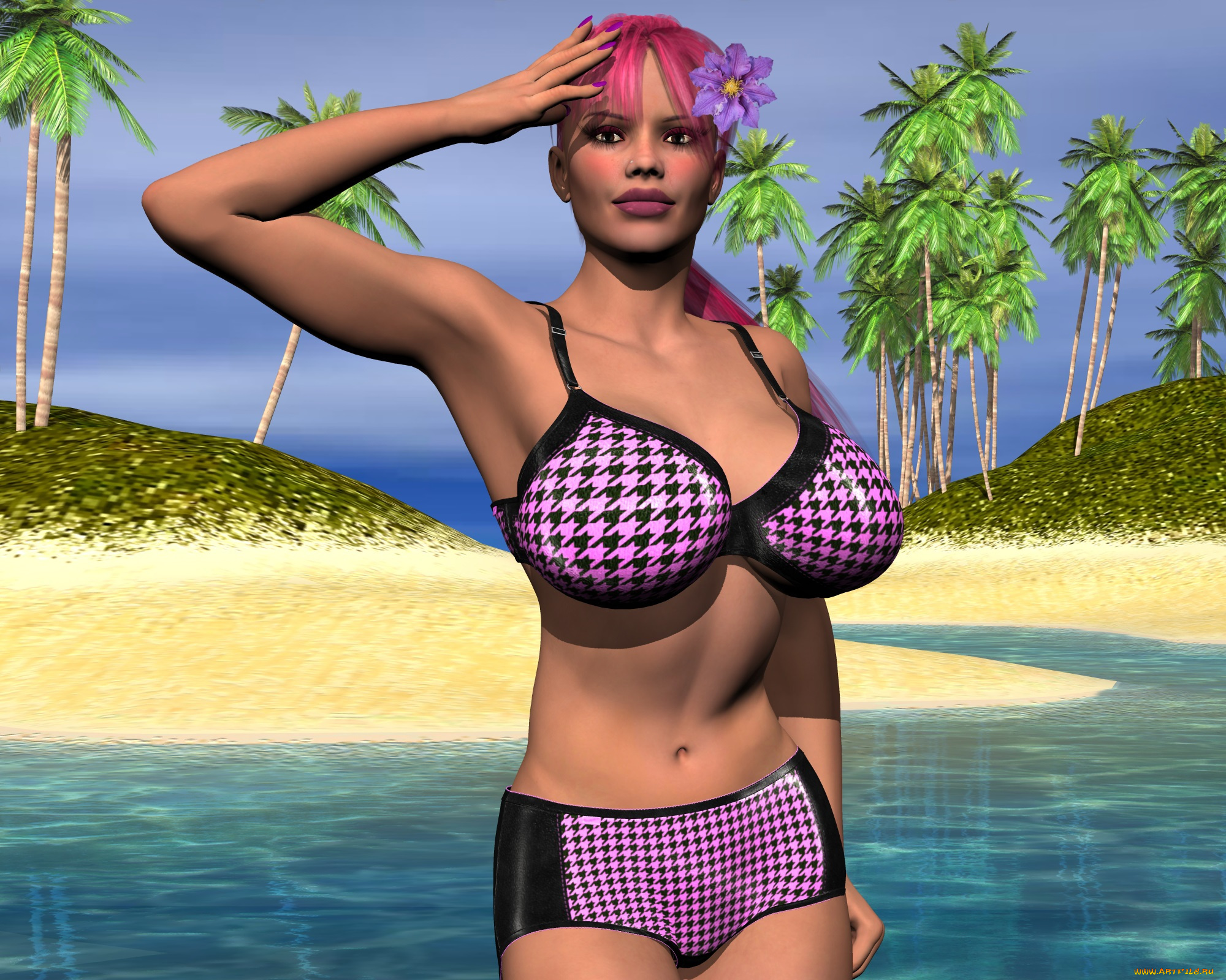 3д, графика, люди, , people, девушка, пальмы, море, рыжая, фон, взгляд, пляж, песок, цветок