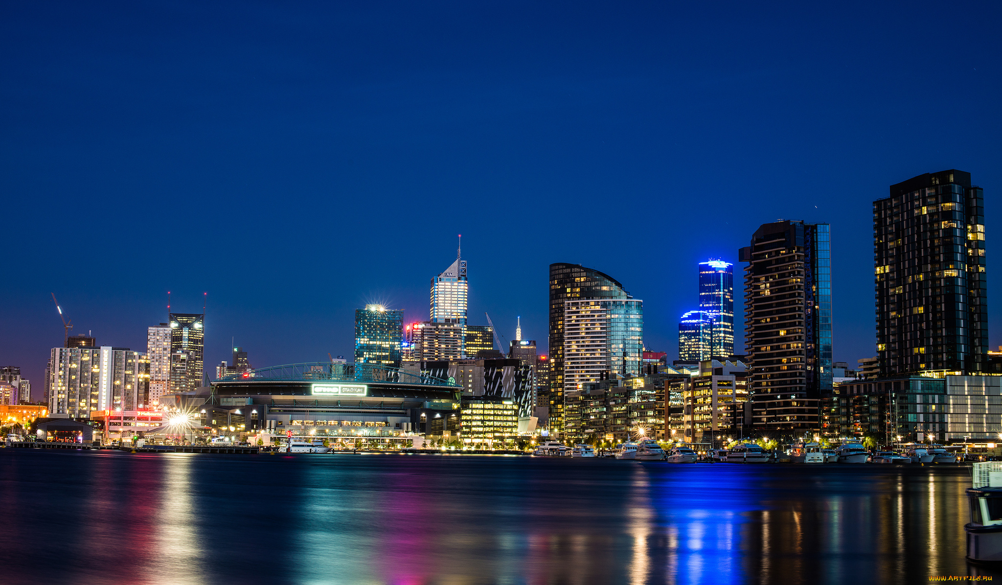 города, мельбурн, , австралия, melbourne, victoria, australia, etihad, stadium, docklands, yarra, river, штат, виктория, Ярра, река, город, ночь, дома, стадион, небоскребы, здания