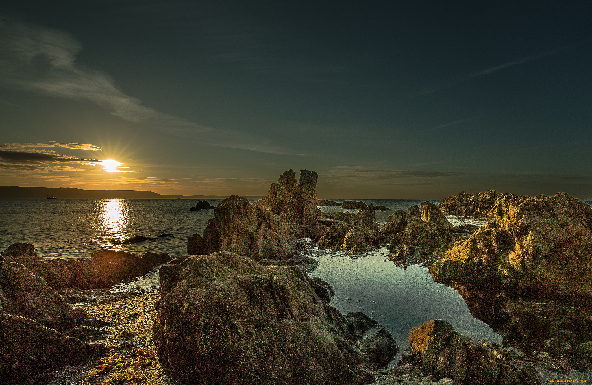 природа, восходы, закаты, океан, скалы, горизонт, солнце