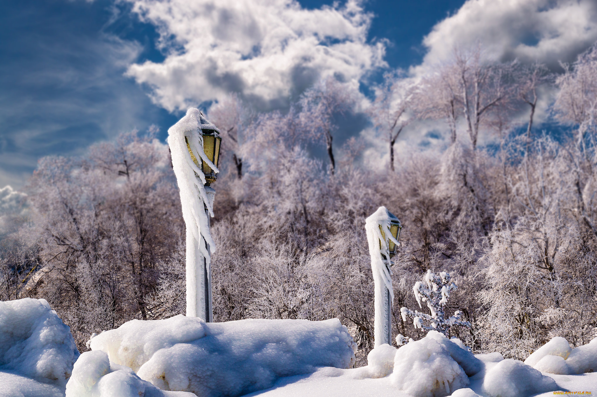 природа, зима, деревья, фонари, снег, сосульки