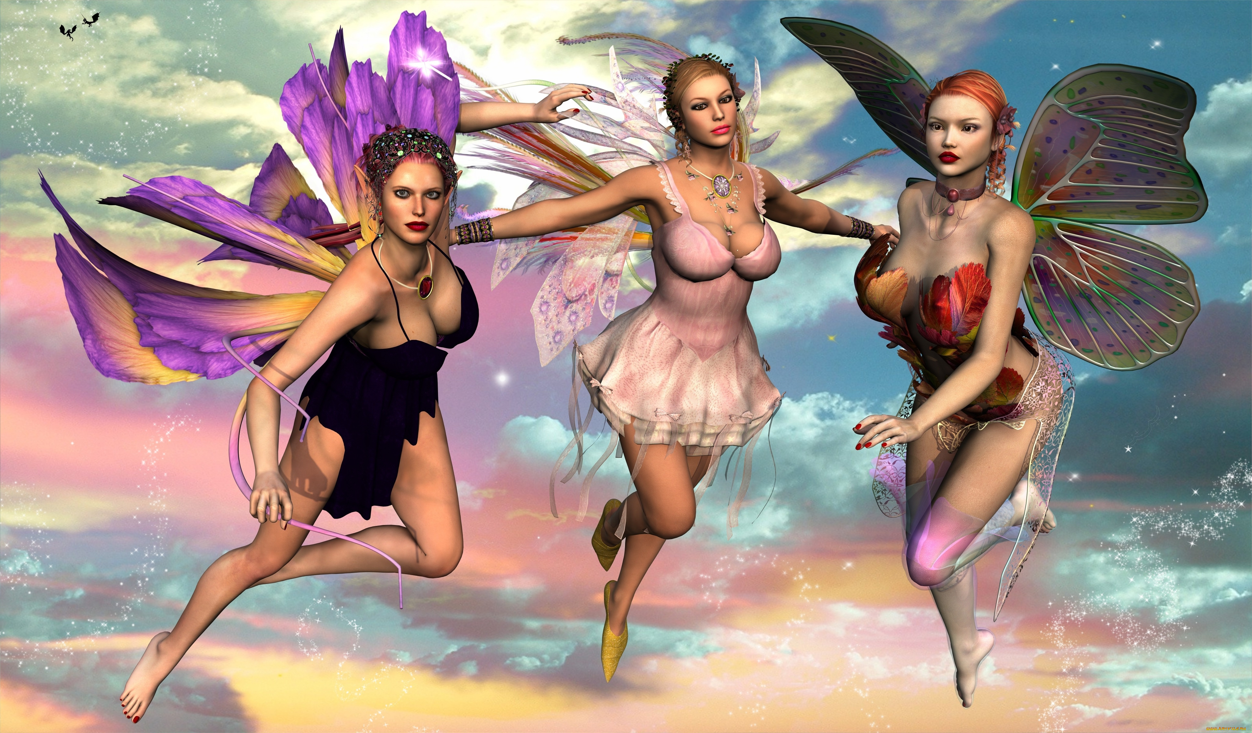 3д, графика, эльфы, , elves, фон, взгляд, феи