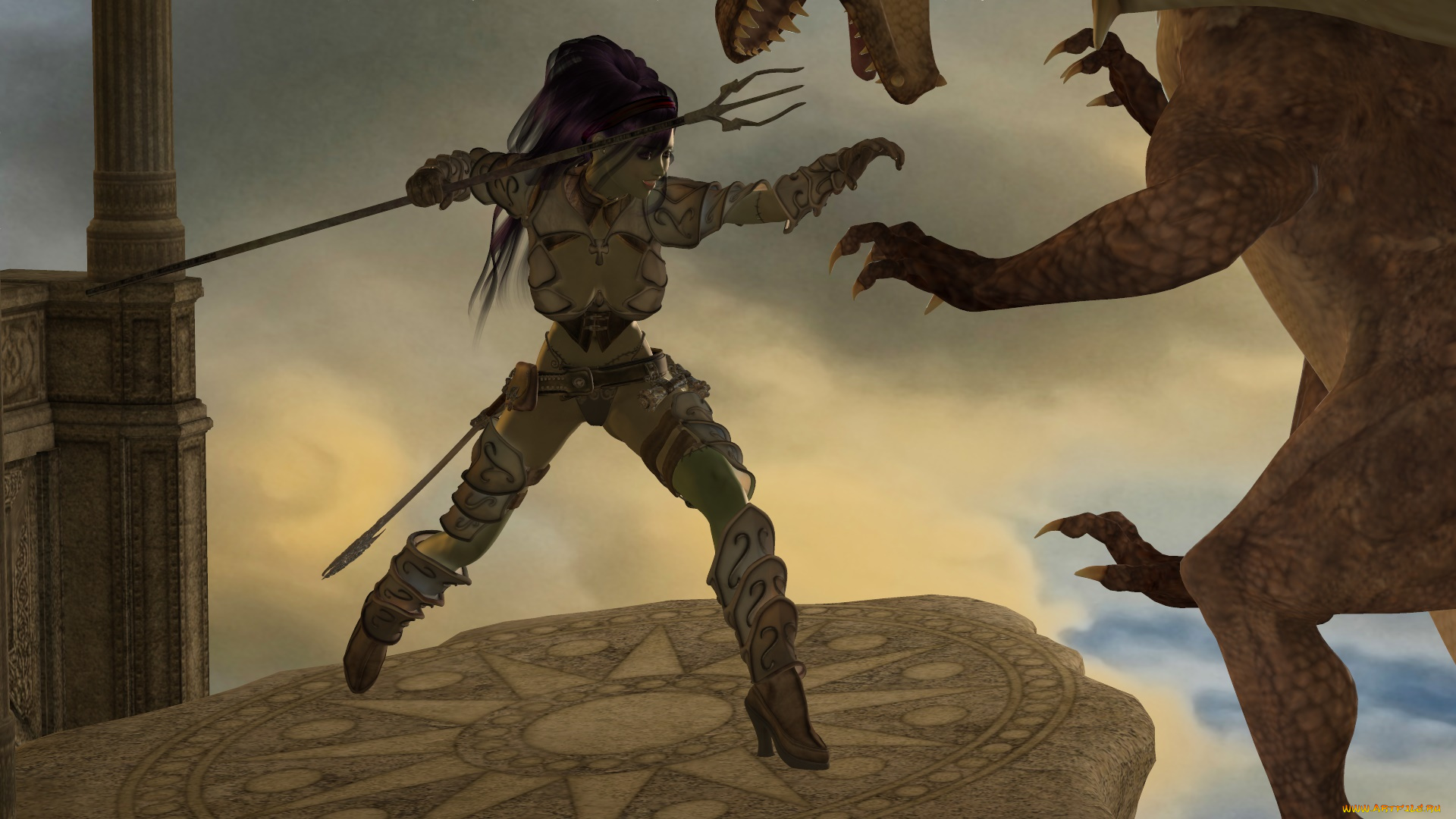 3д, графика, фантазия, , fantasy, фон, взгляд, девушка, дракон, оружие