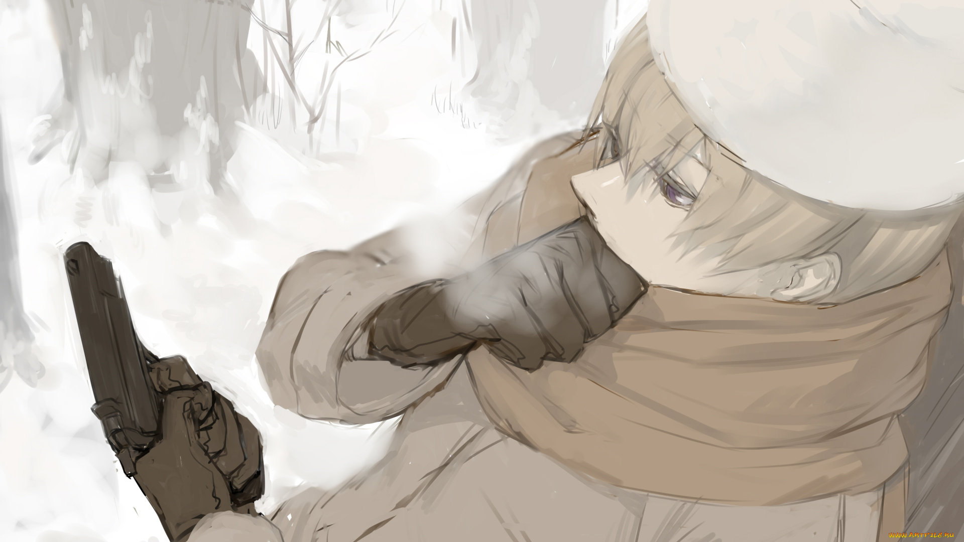 аниме, hetalia, , axis, powers, пистолет, зима, парень, арт