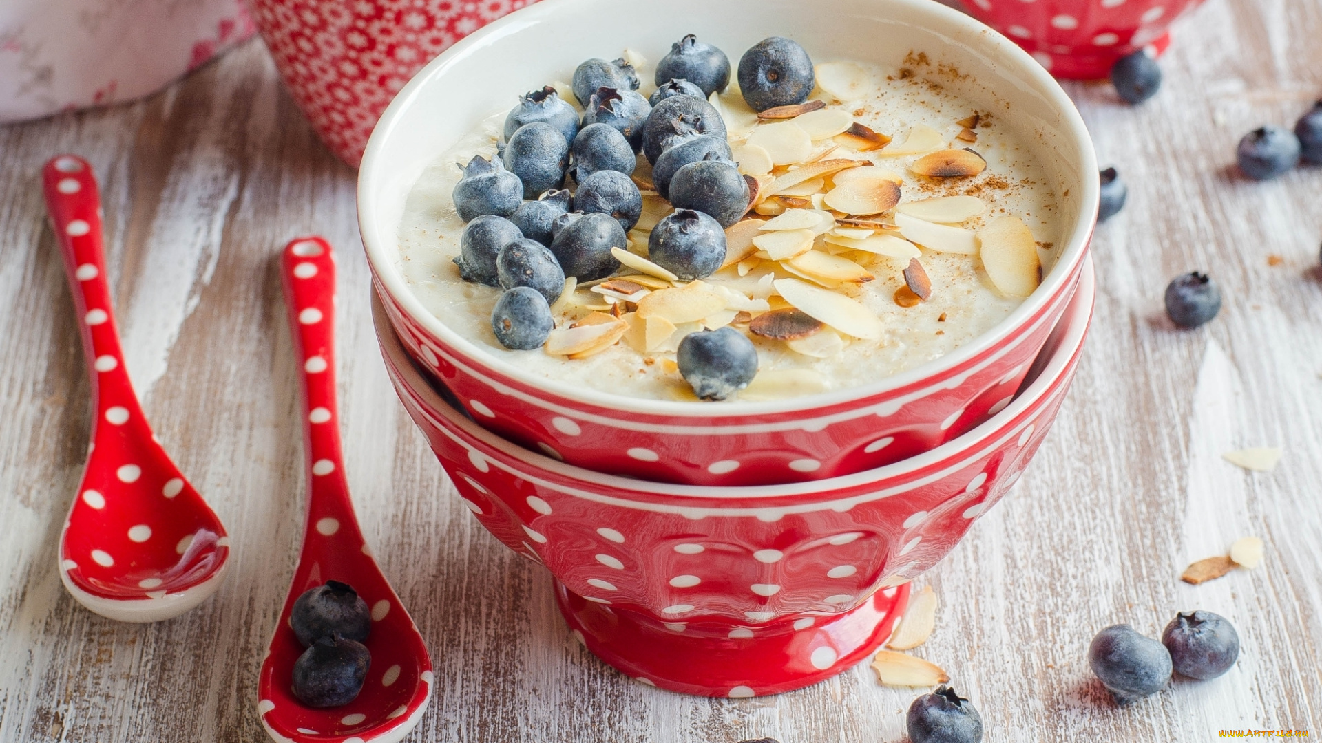 еда, мюсли, , хлопья, голубика, ягоды, каша, миндаль, овсянка