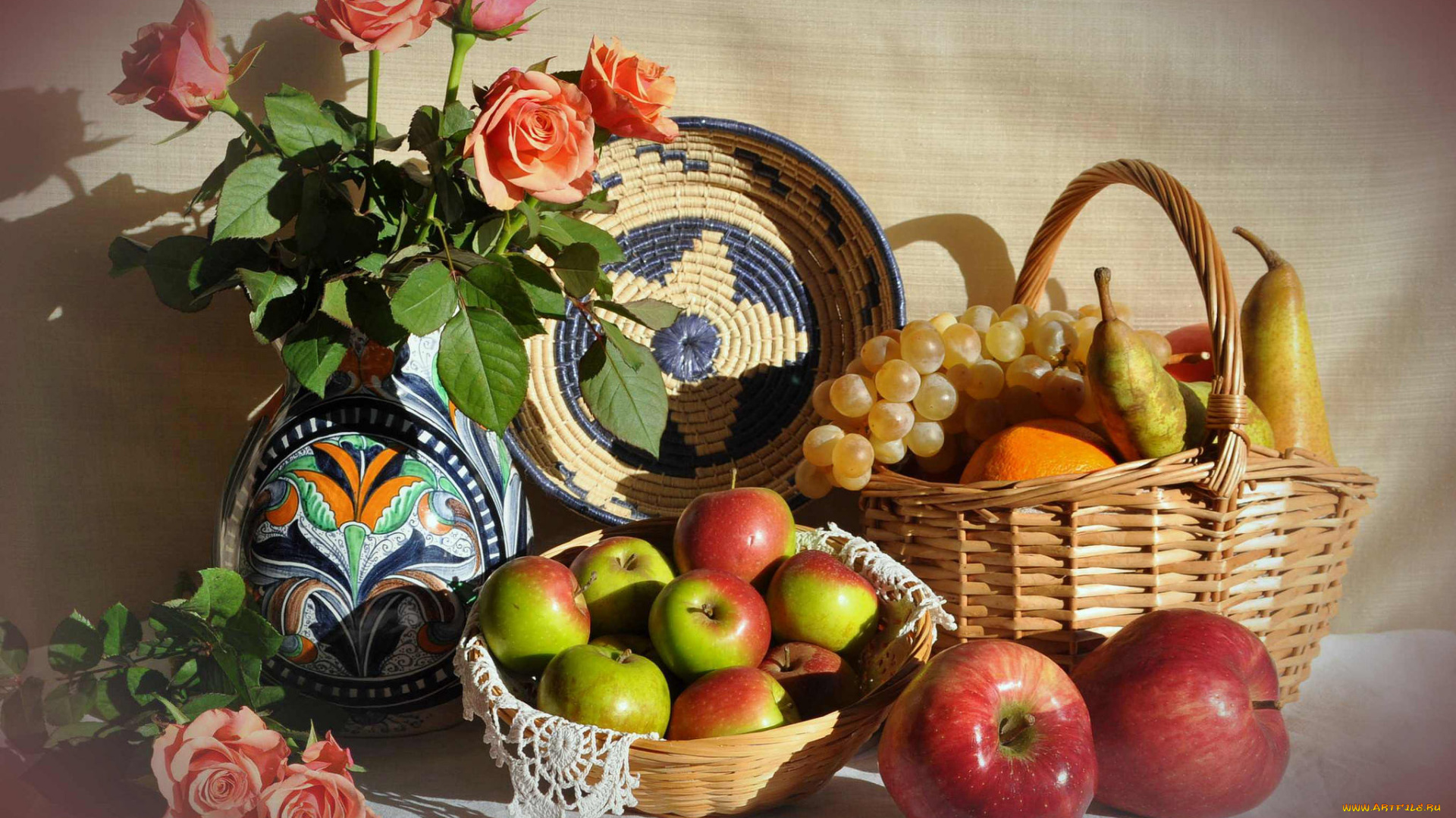 еда, натюрморт, фрукты, цветы