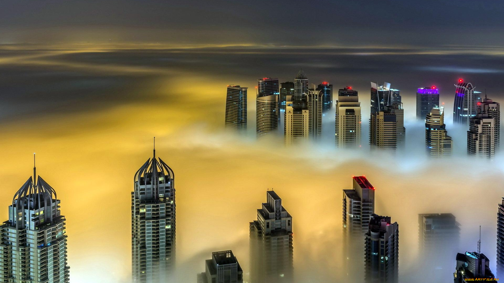 города, дубай, , оаэ, дубай, город, дома, небоскребы, огни, ночь, туман
