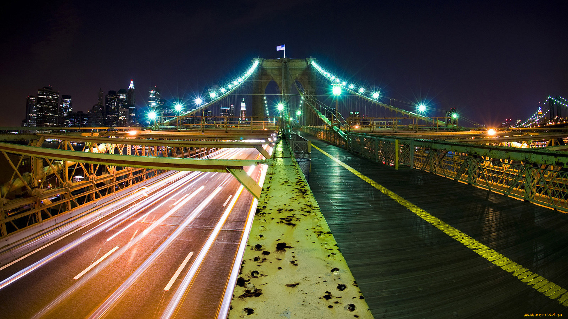 города, нью-йорк, , сша, здания, дома, траффик, огни, ночь, мост, движение