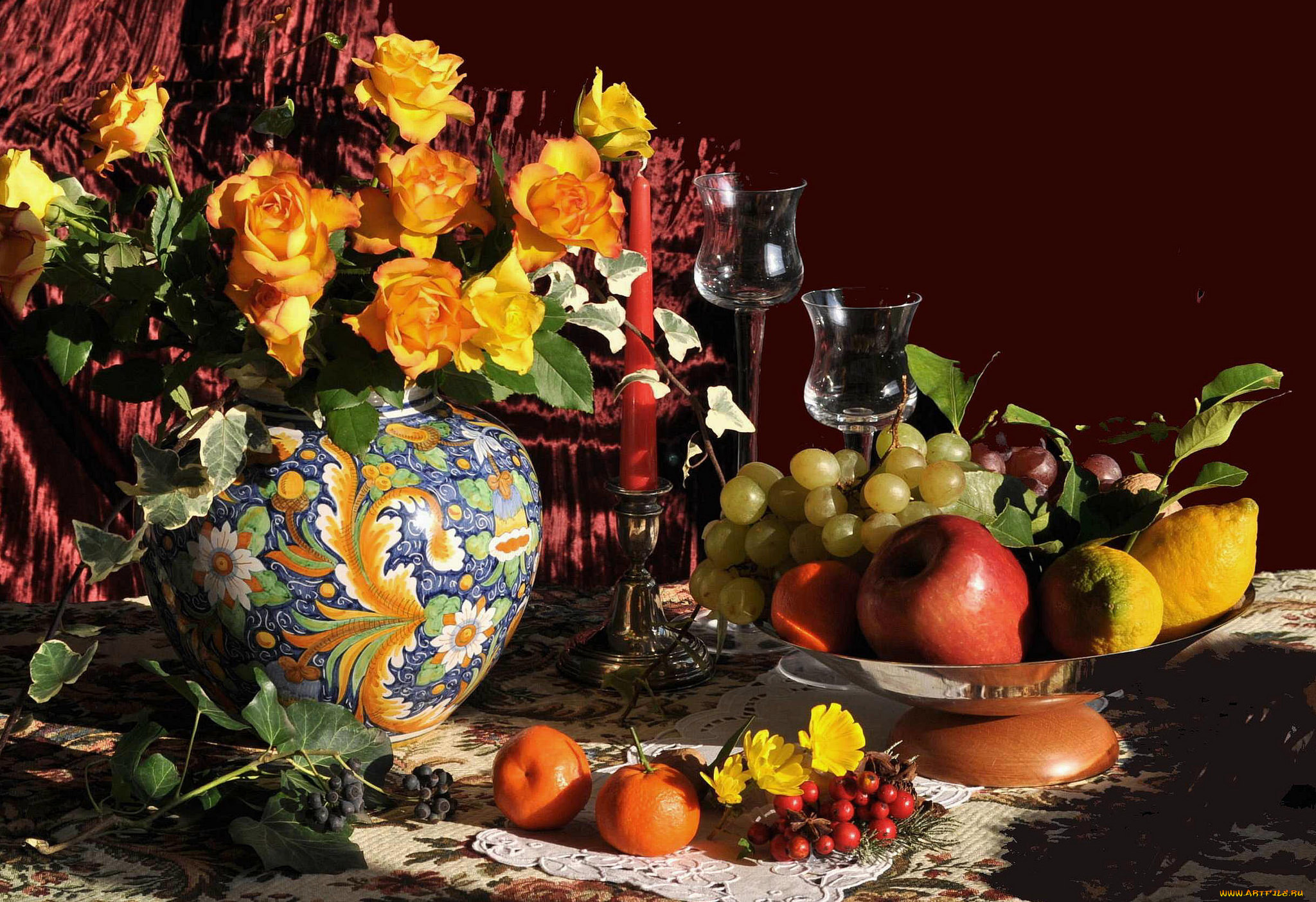 еда, натюрморт, цветы, фрукты