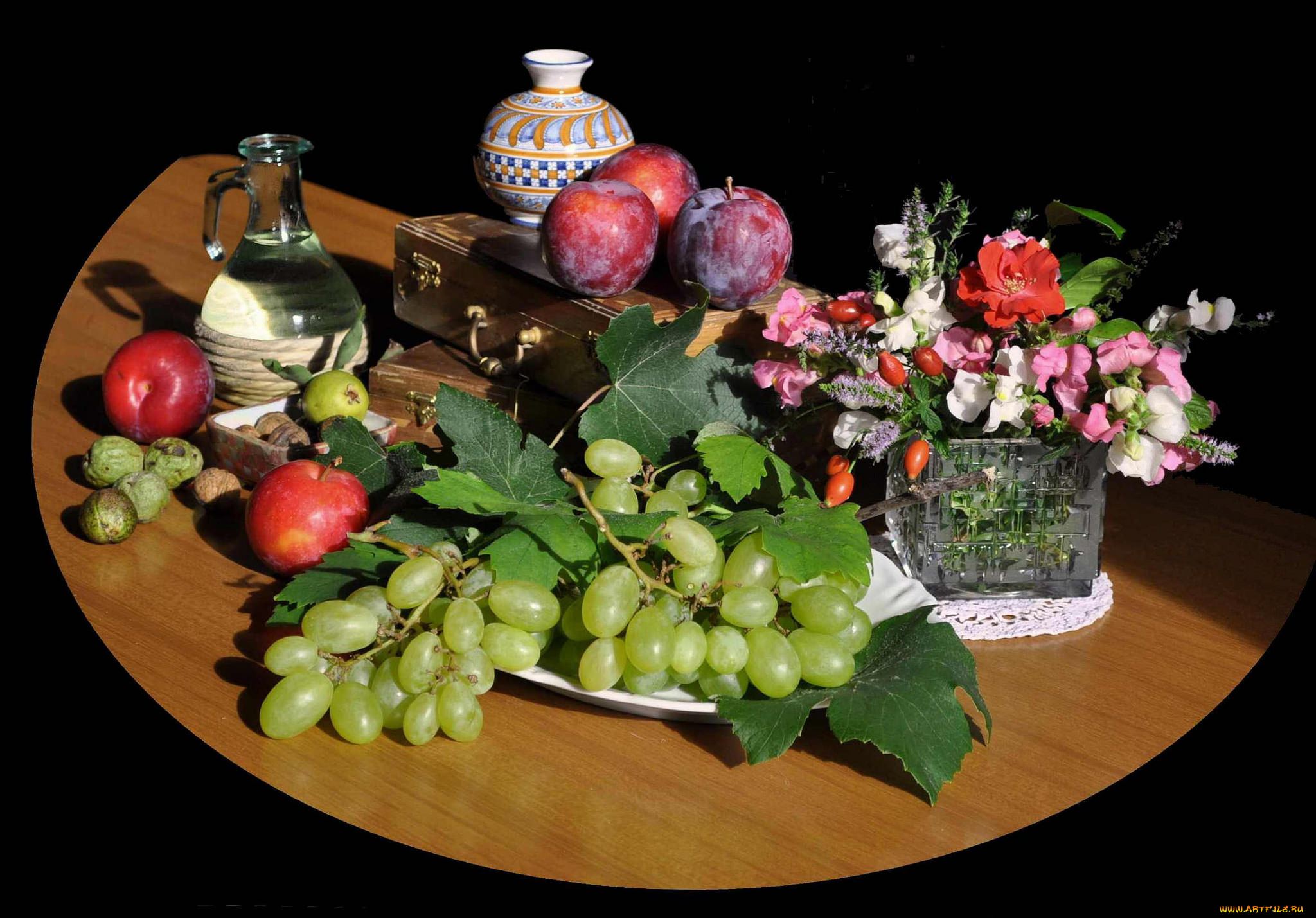 еда, натюрморт, цветы, фрукты