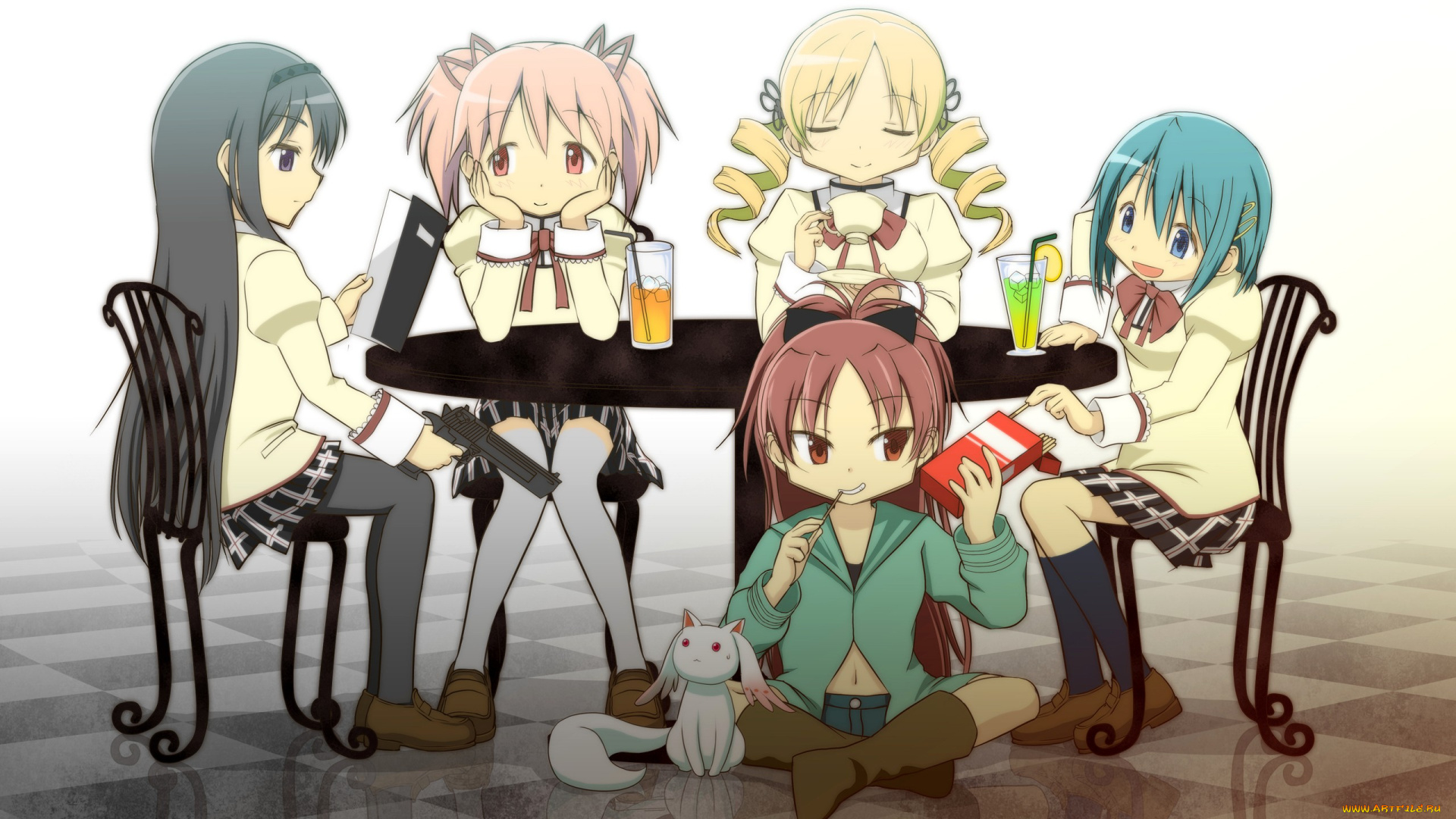 аниме, mahou, shoujo, madoka, magika, девушки, фон, взгляд