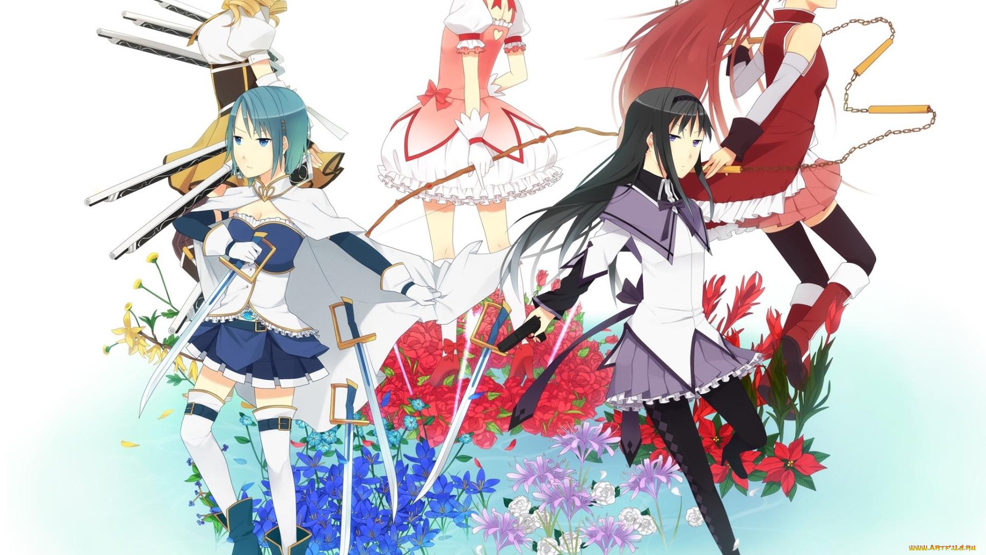 аниме, mahou, shoujo, madoka, magika, девушки, фон, взгляд