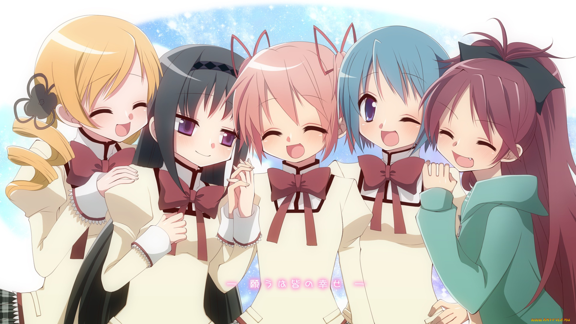 аниме, mahou, shoujo, madoka, magika, девушки, взгляд, фон