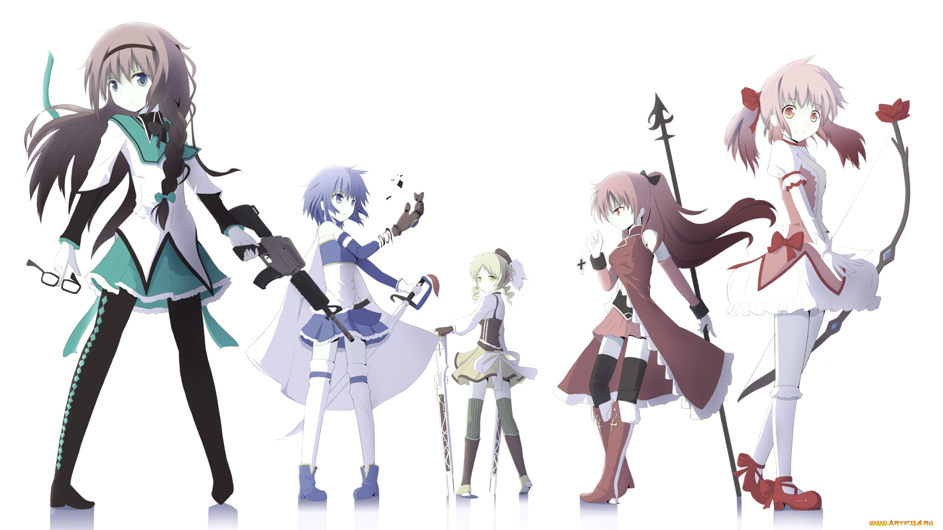 аниме, mahou, shoujo, madoka, magika, девушки, взгляд, фон