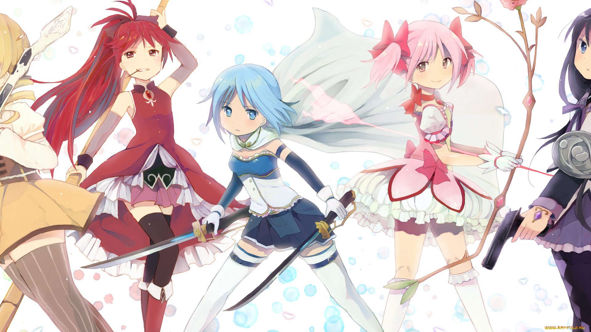 аниме, mahou, shoujo, madoka, magika, фон, девушки, взгляд