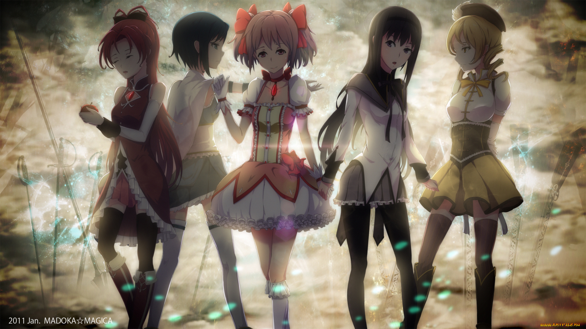 аниме, mahou, shoujo, madoka, magika, фон, взгляд, девушки