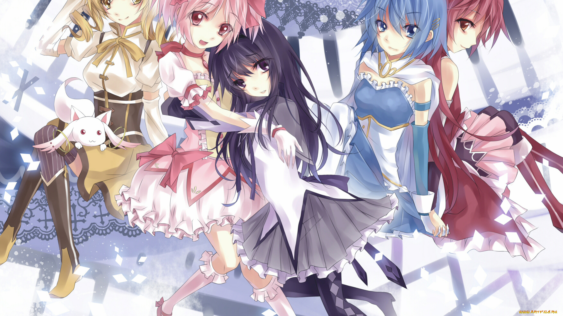 аниме, mahou, shoujo, madoka, magika, фон, взгляд, девушки