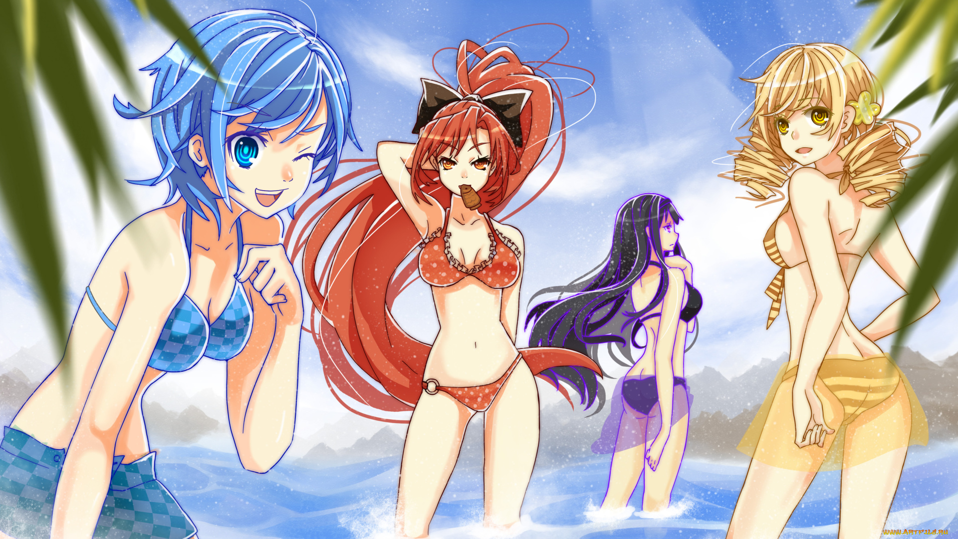 аниме, mahou, shoujo, madoka, magika, фон, взгляд, девушки