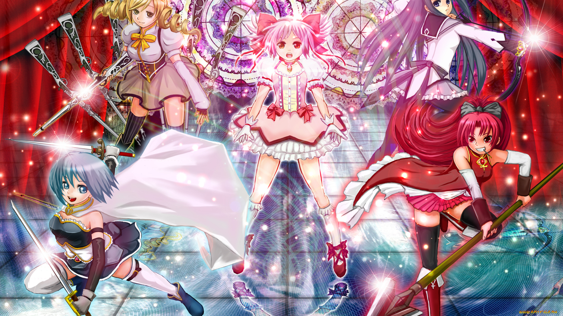 аниме, mahou, shoujo, madoka, magika, фон, взгляд, девушки