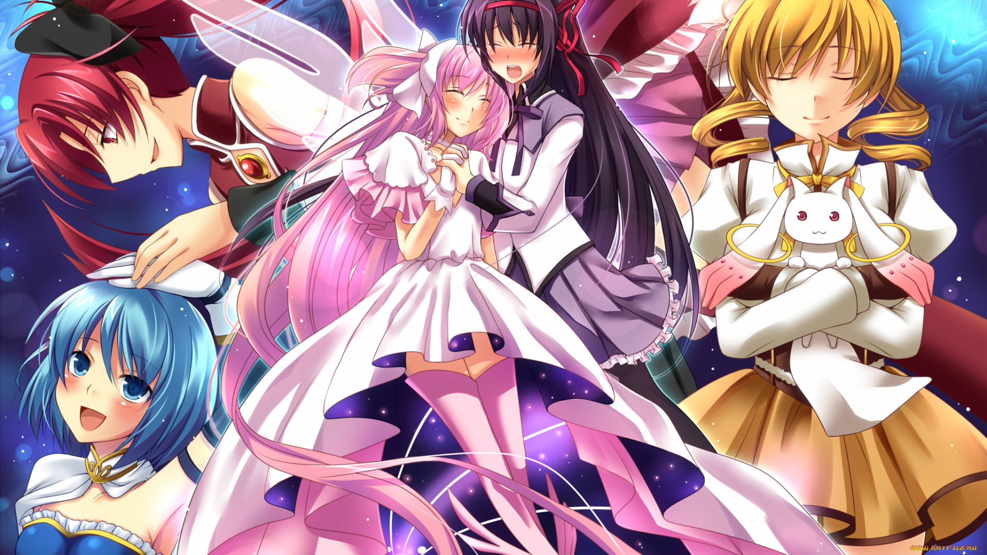 аниме, mahou, shoujo, madoka, magika, фон, взгляд, девушки