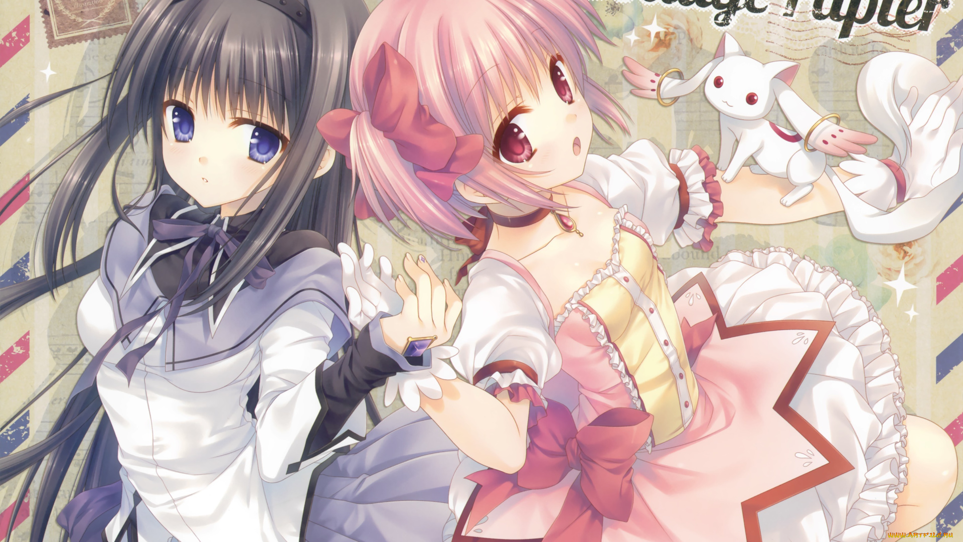 аниме, mahou, shoujo, madoka, magika, фон, взгляд, девушки