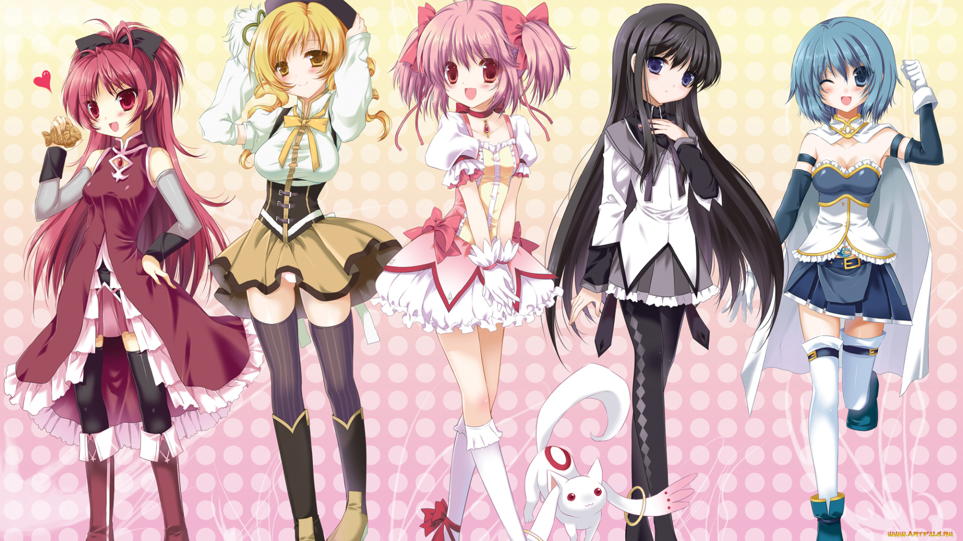 аниме, mahou, shoujo, madoka, magika, взгляд, девушки, фон