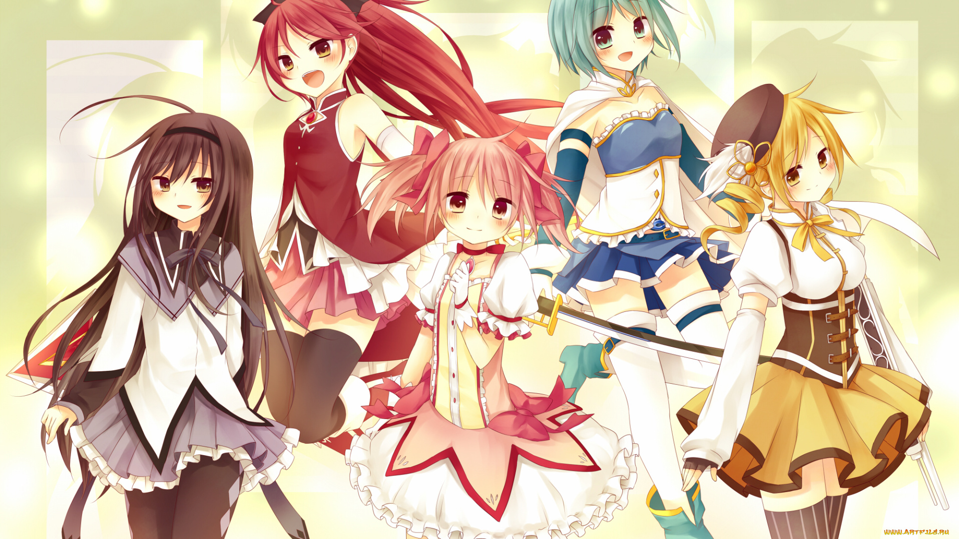 аниме, mahou, shoujo, madoka, magika, взгляд, девушки, фон