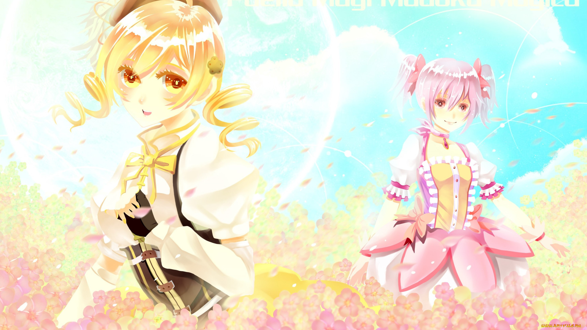 аниме, mahou, shoujo, madoka, magika, взгляд, девушки, фон