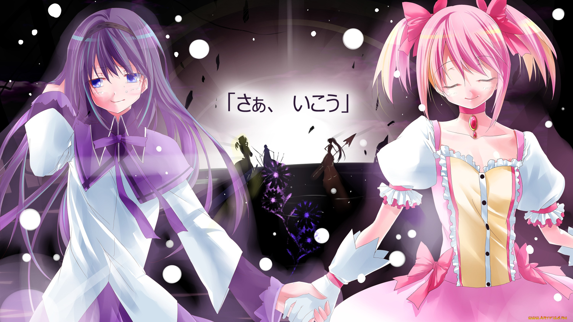 аниме, mahou, shoujo, madoka, magika, взгляд, девушки, фон