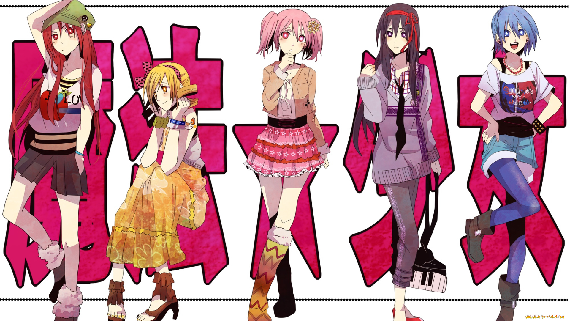 аниме, mahou, shoujo, madoka, magika, взгляд, фон, девушки