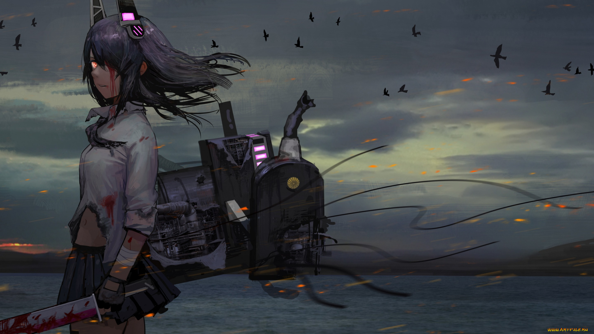 аниме, оружие, , техника, , технологии, девушка, кровь, птицы, море, tenryuu, kantai, collectio, природа, горы, tomiya7112