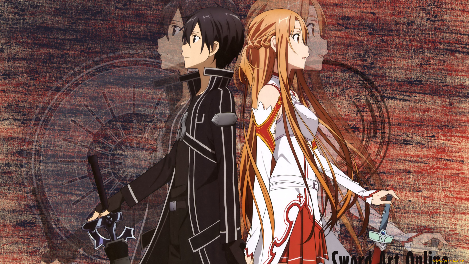 аниме, sword, art, online, девушка, взгляд, фон, парень