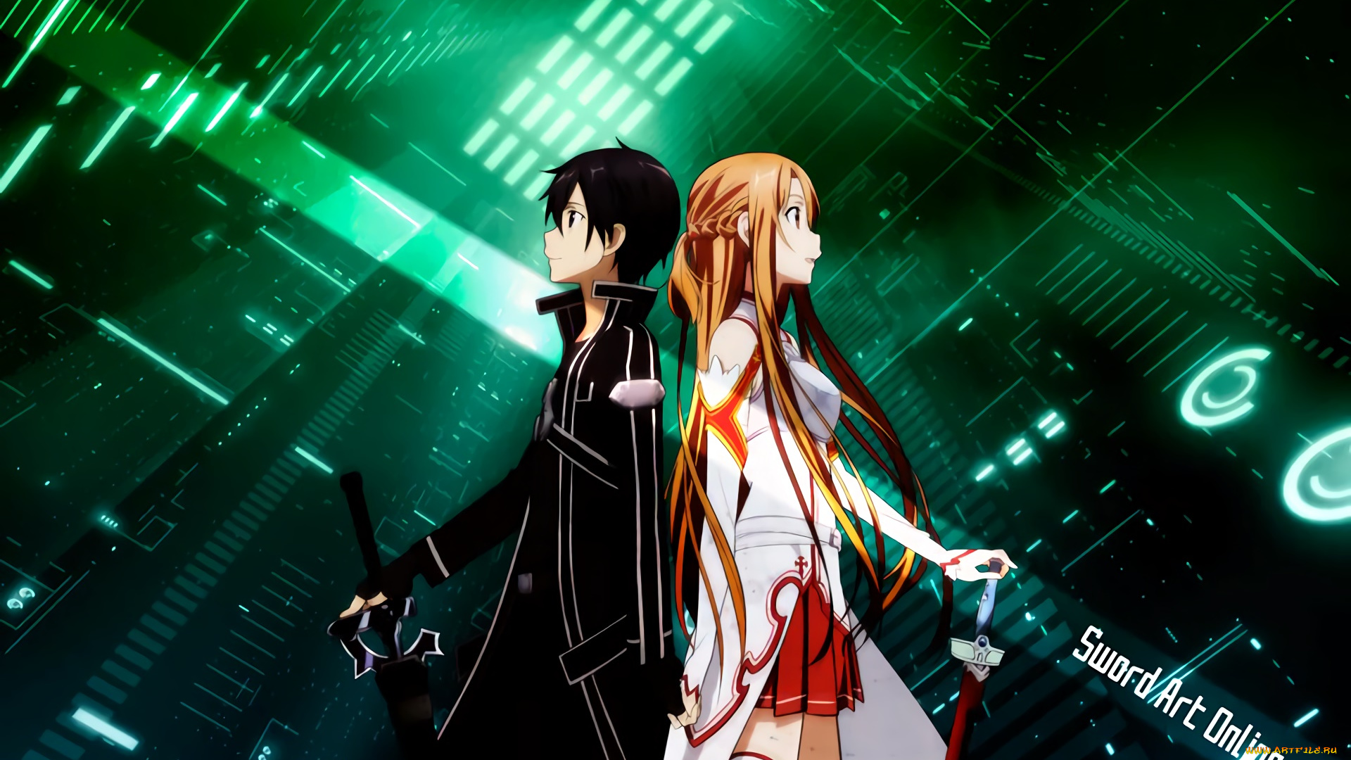 аниме, sword, art, online, девушка, взгляд, фон, парень