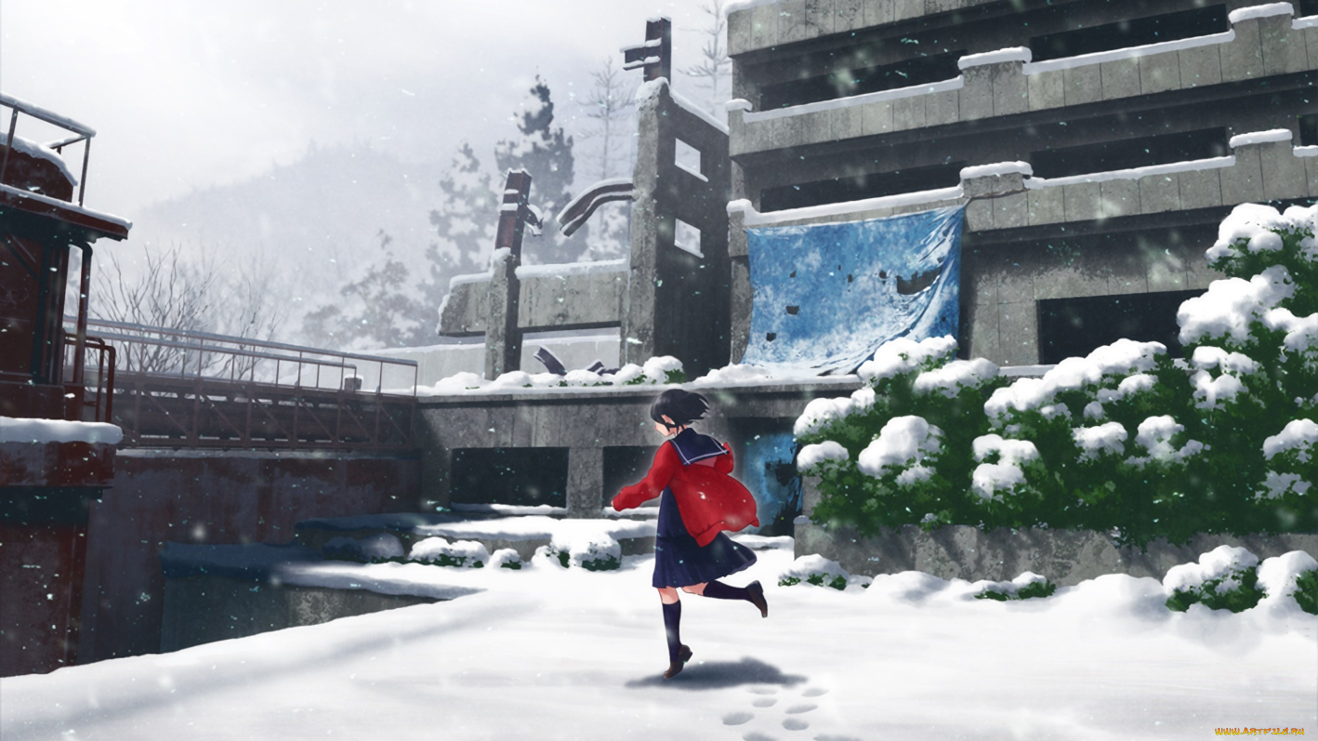 аниме, зима, , новый, год, , рождество, девушка, взгляд, фон