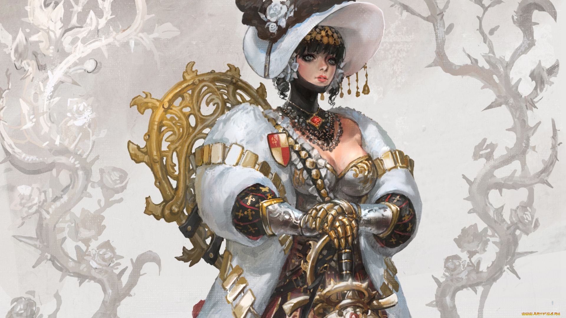 фэнтези, девушки, шляпа, меч, рыцарь, шуба, flower, knight, костюм, доспехи, девушка