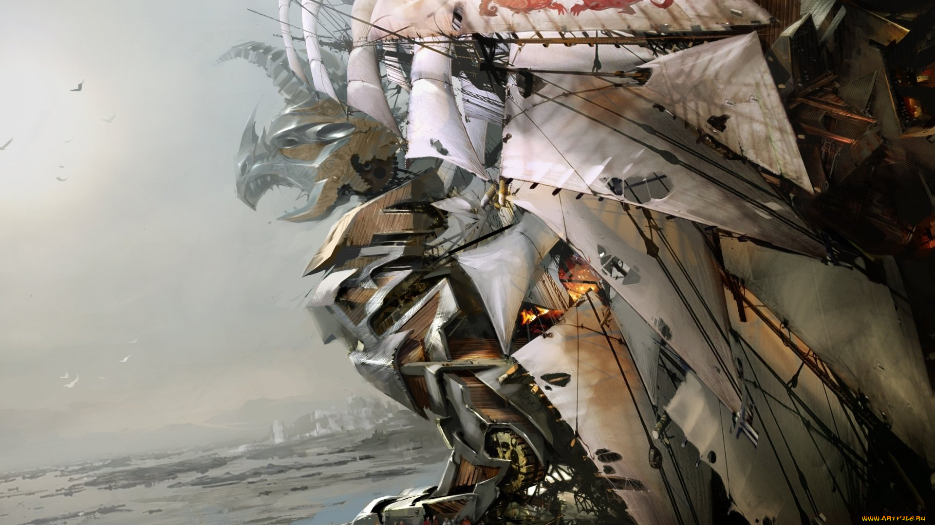 фэнтези, корабли, люди, лед, корабль, техника, паруса, море, грифон