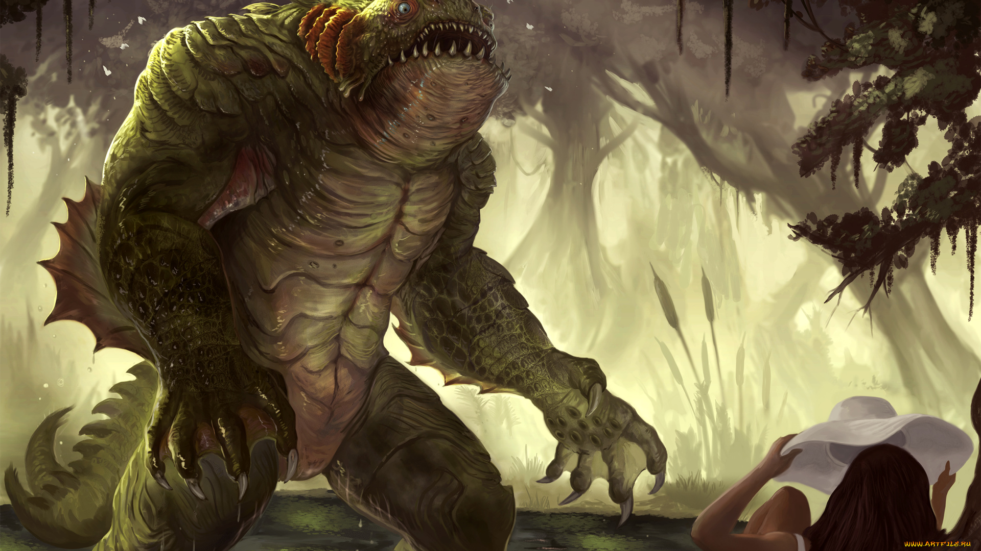 фэнтези, существа, панама, девушка, лес, ящер, монстр