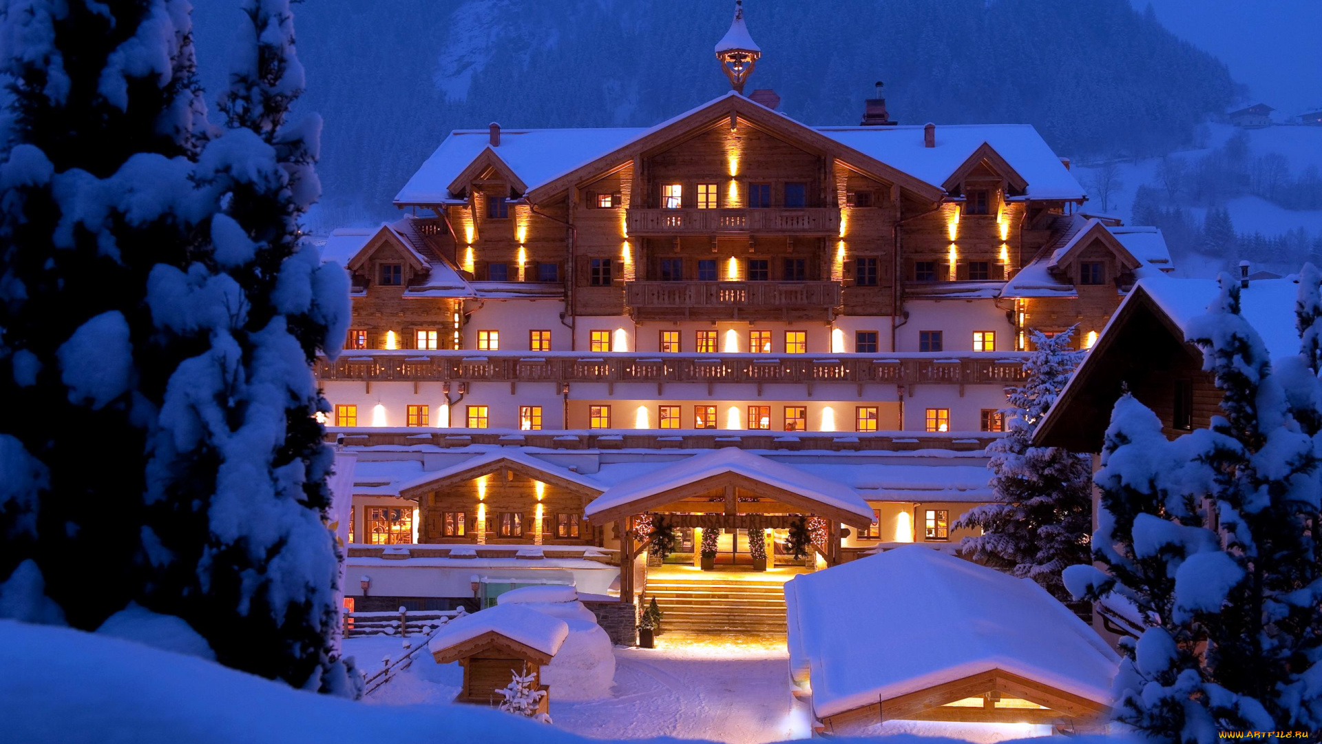 города, -, здания, , дома, освещение, отель, зима, горы