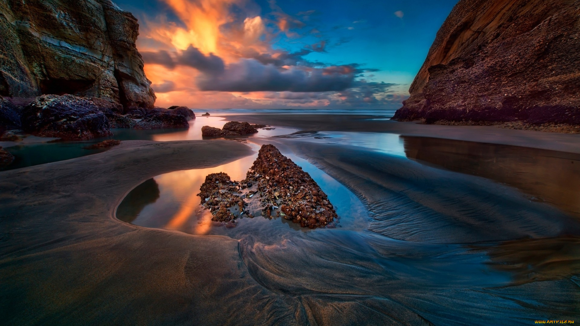 природа, побережье, песок, берег, закат, скалы, море, облака, небо