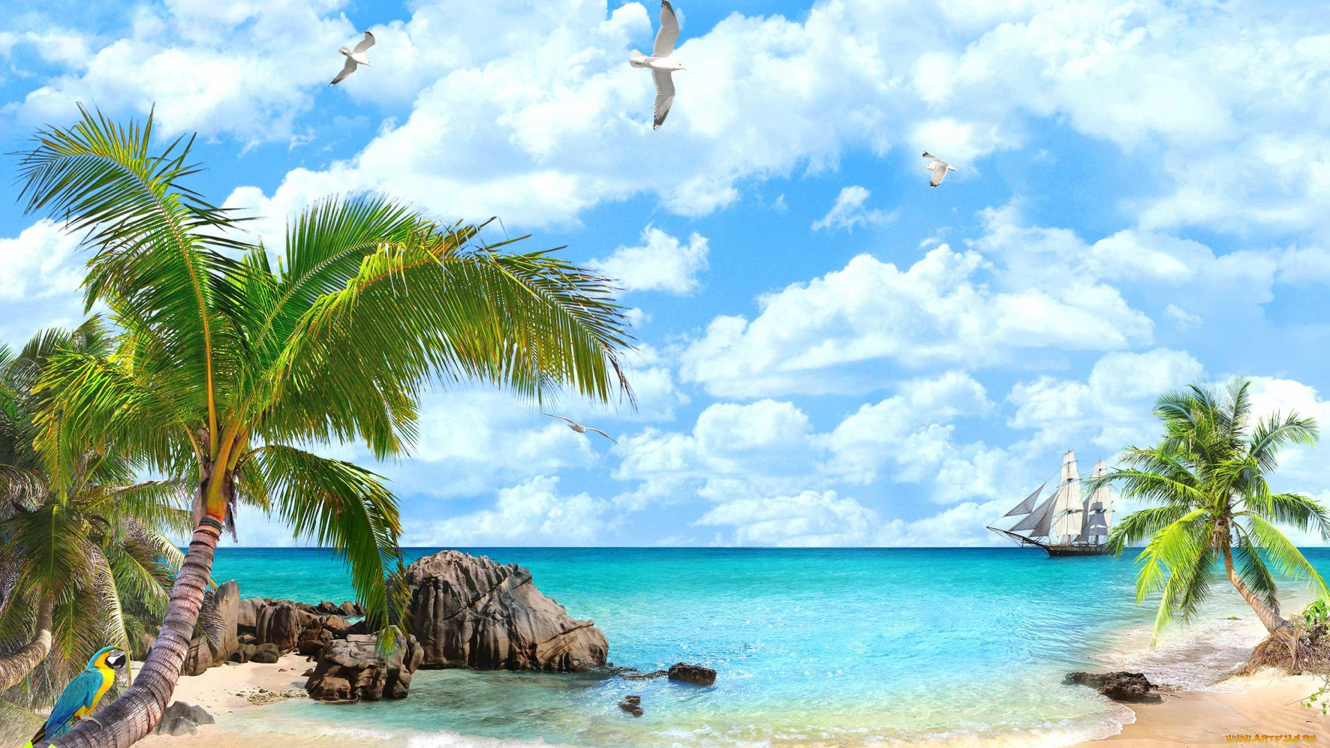 природа, тропики, песок, пляж, парусник, корабль, море