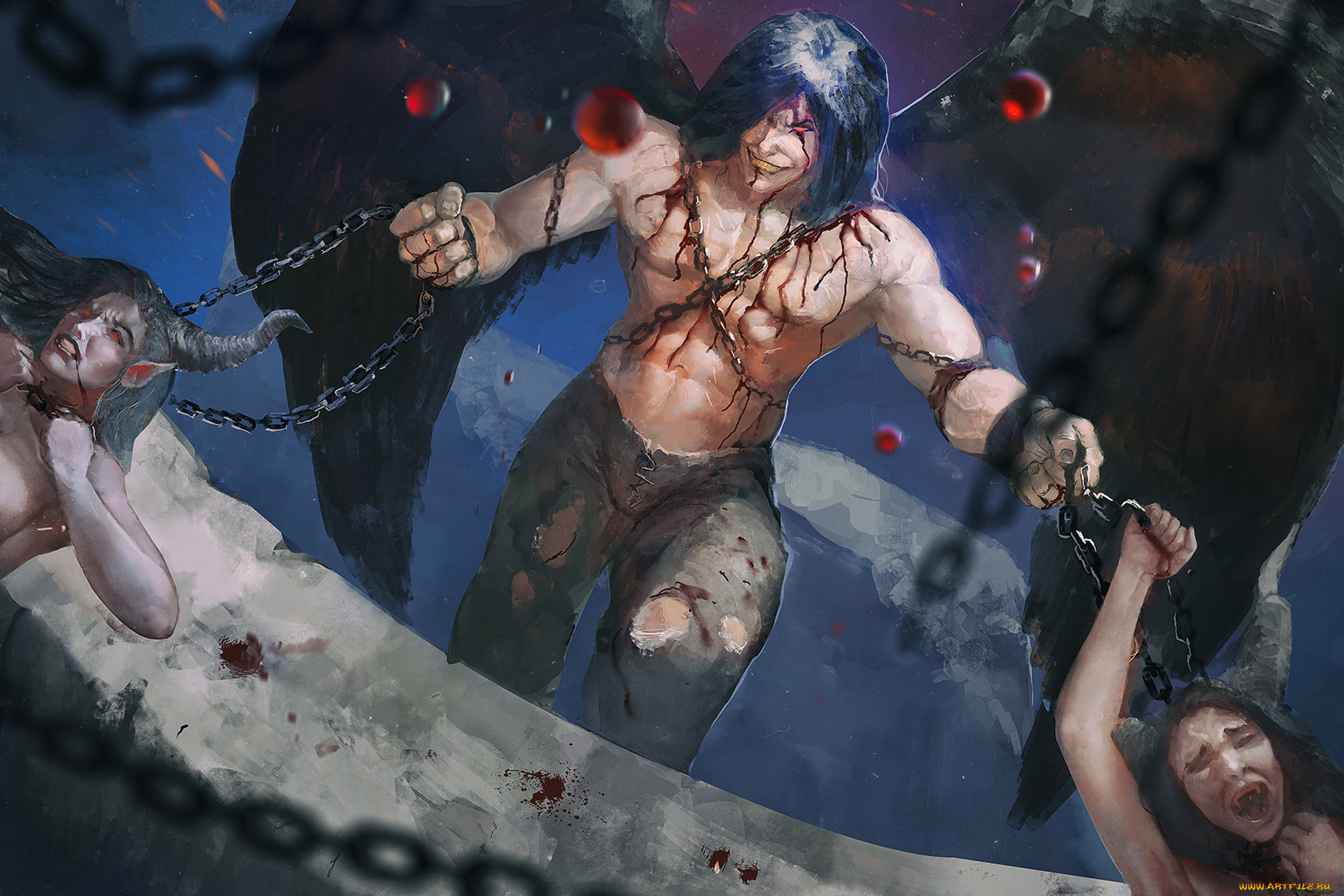 фэнтези, демоны, astaroth, demon, девушки, кровь, крылья, цепи