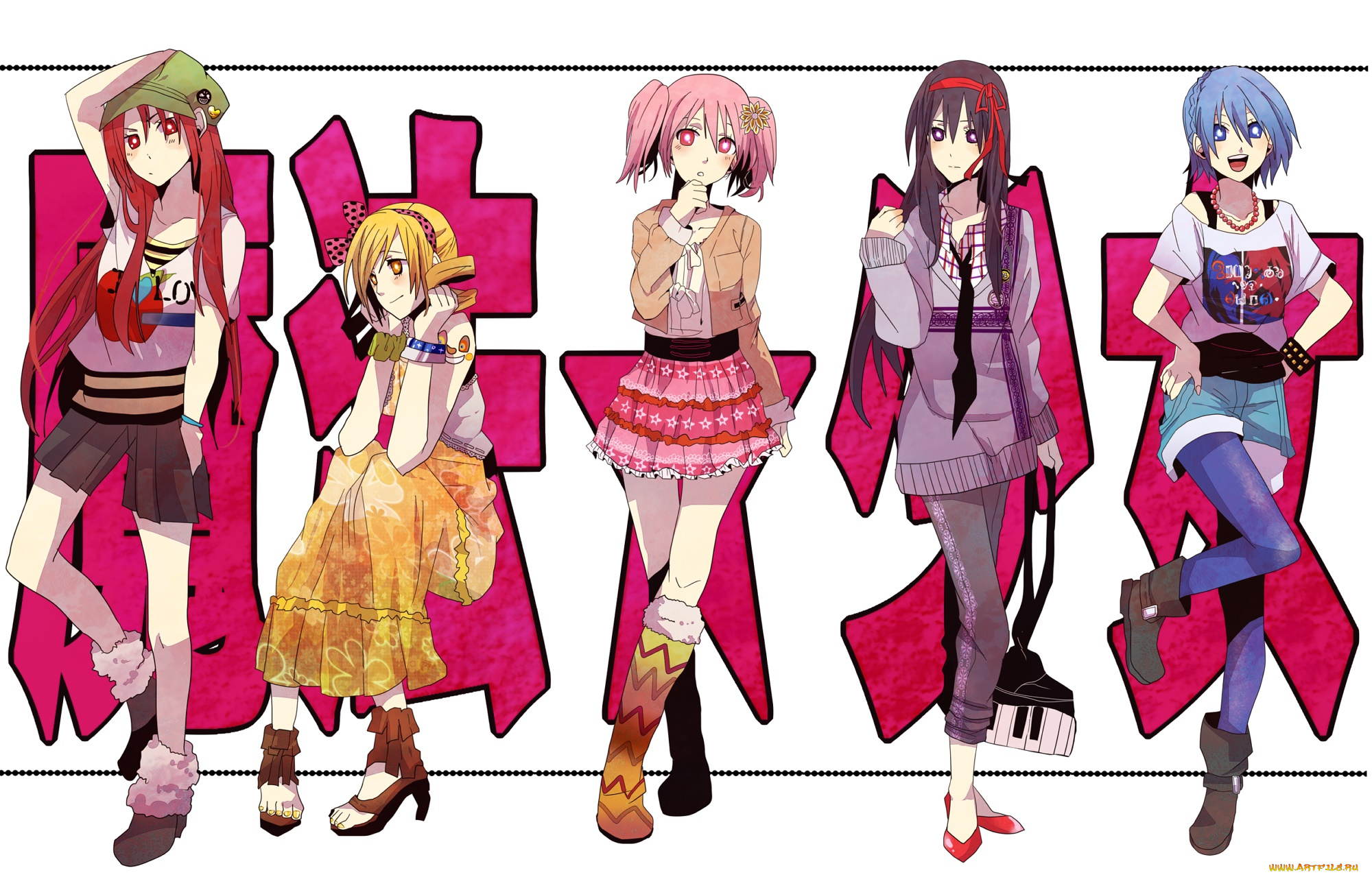 аниме, mahou, shoujo, madoka, magika, взгляд, фон, девушки