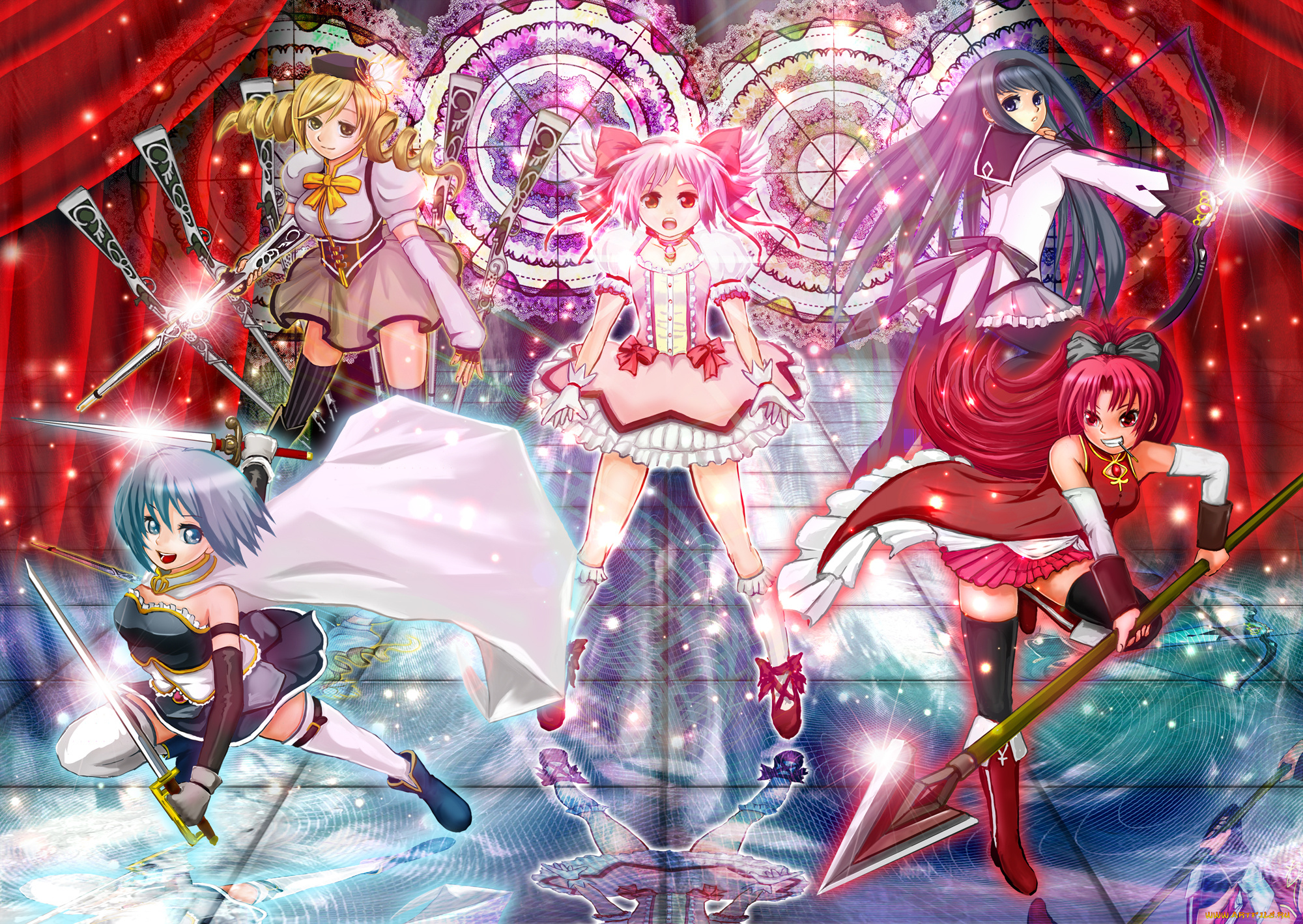 аниме, mahou, shoujo, madoka, magika, фон, взгляд, девушки